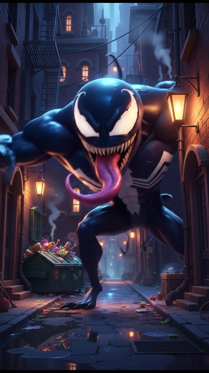 Venom lurking in the shadows of an alley, with a menacing expression.