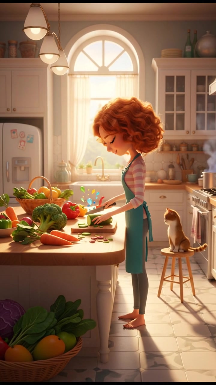 Adelia preparing a healthy meal in a bright kitchen, with fresh vegetables laid out on the counter.