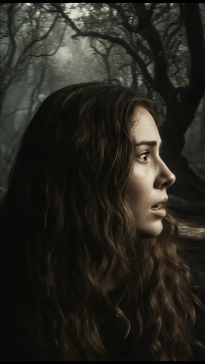 A close-up of Maya's face showing fear as she turns to look around in the forest.