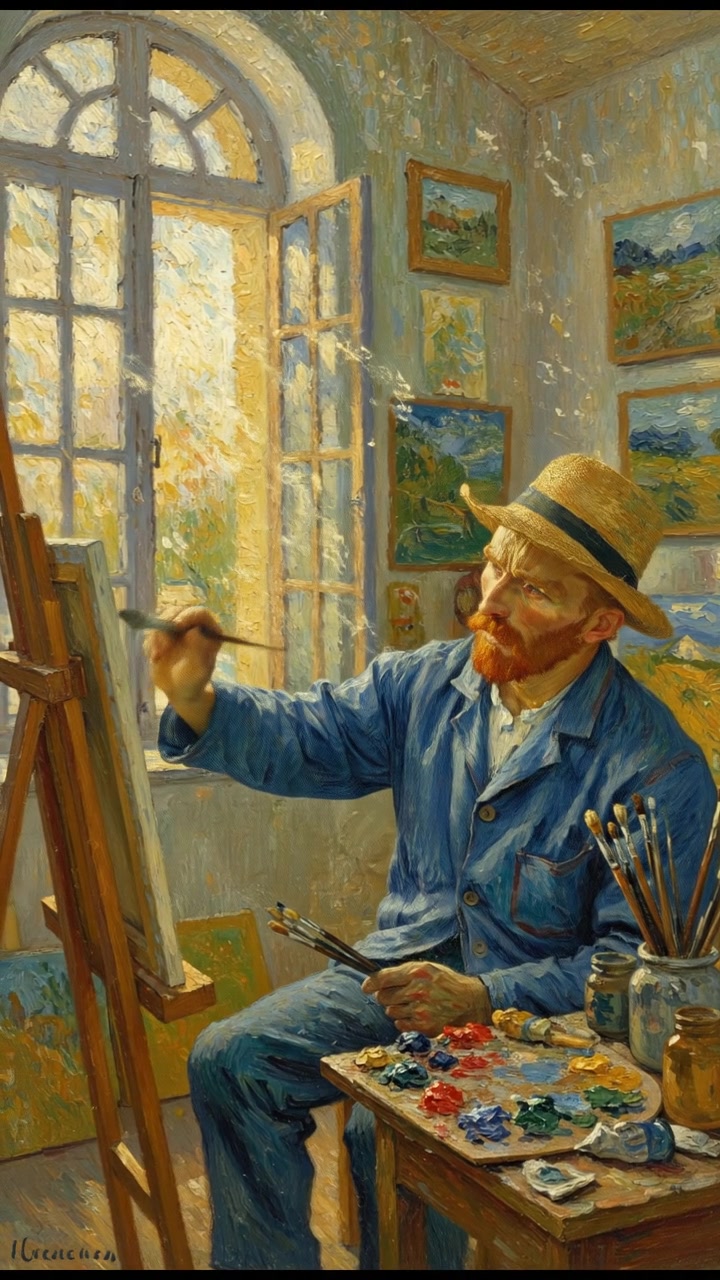 A close-up of Vincent Van Gogh painting in a sunlit studio, surrounded by canvases and paintbrushes.