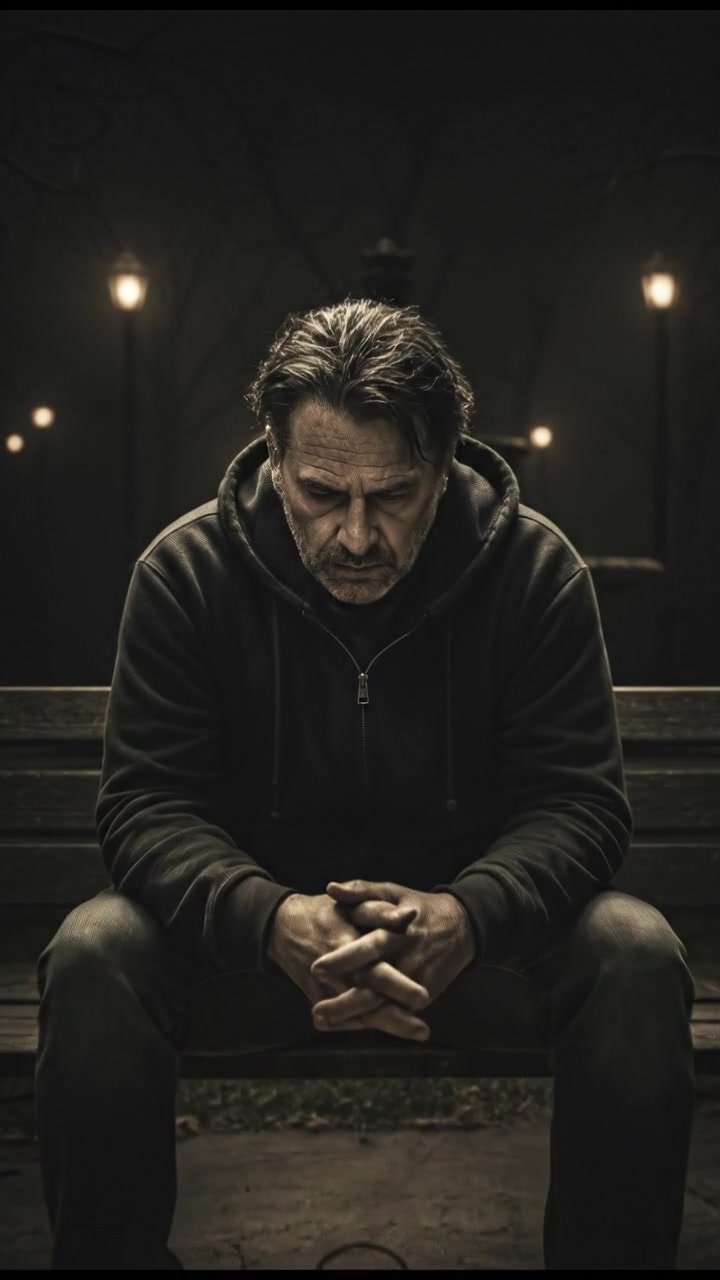 John sitting on a park bench, dressed in casual clothes, looking contemplatively at the ground.