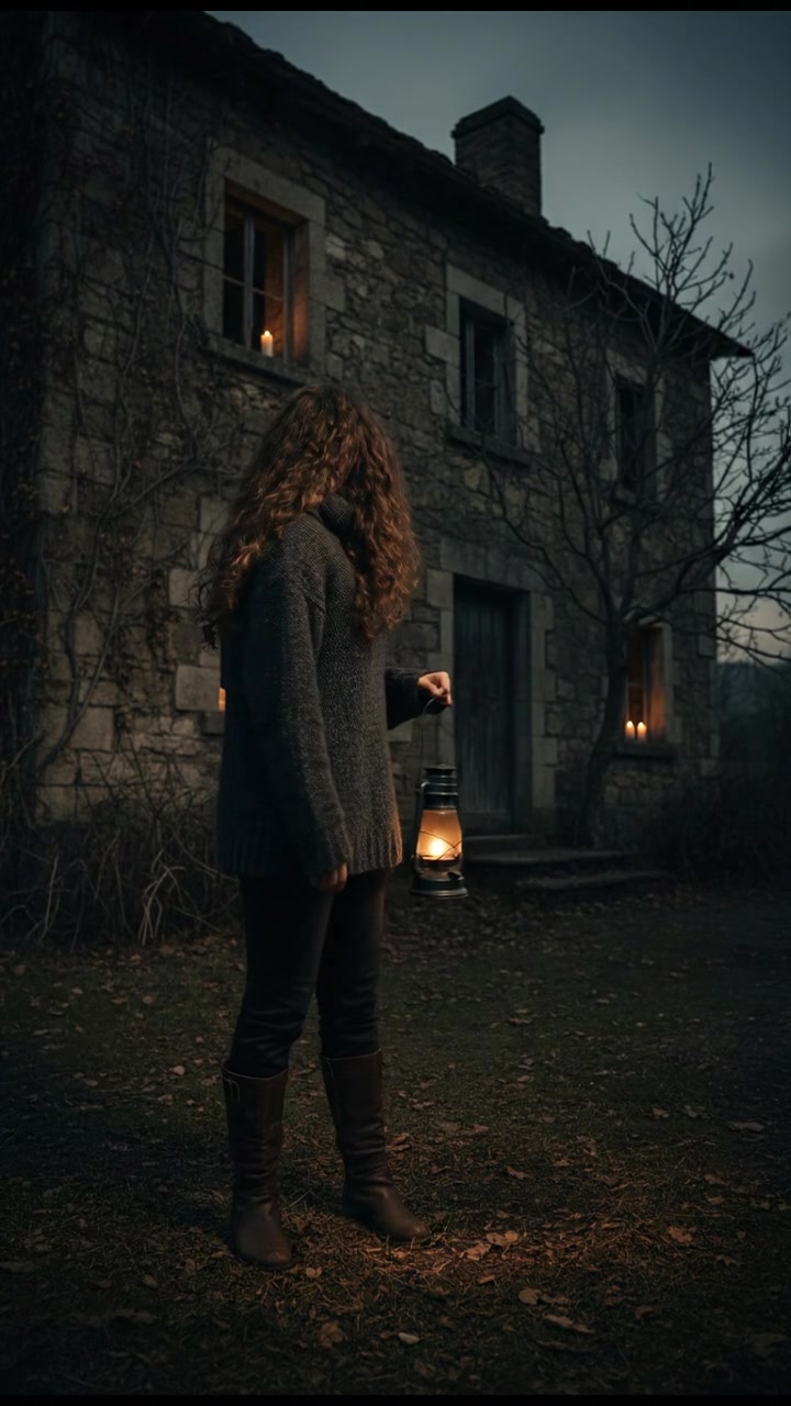 Maya, standing outside the old house, gazes towards it with a curious expression.