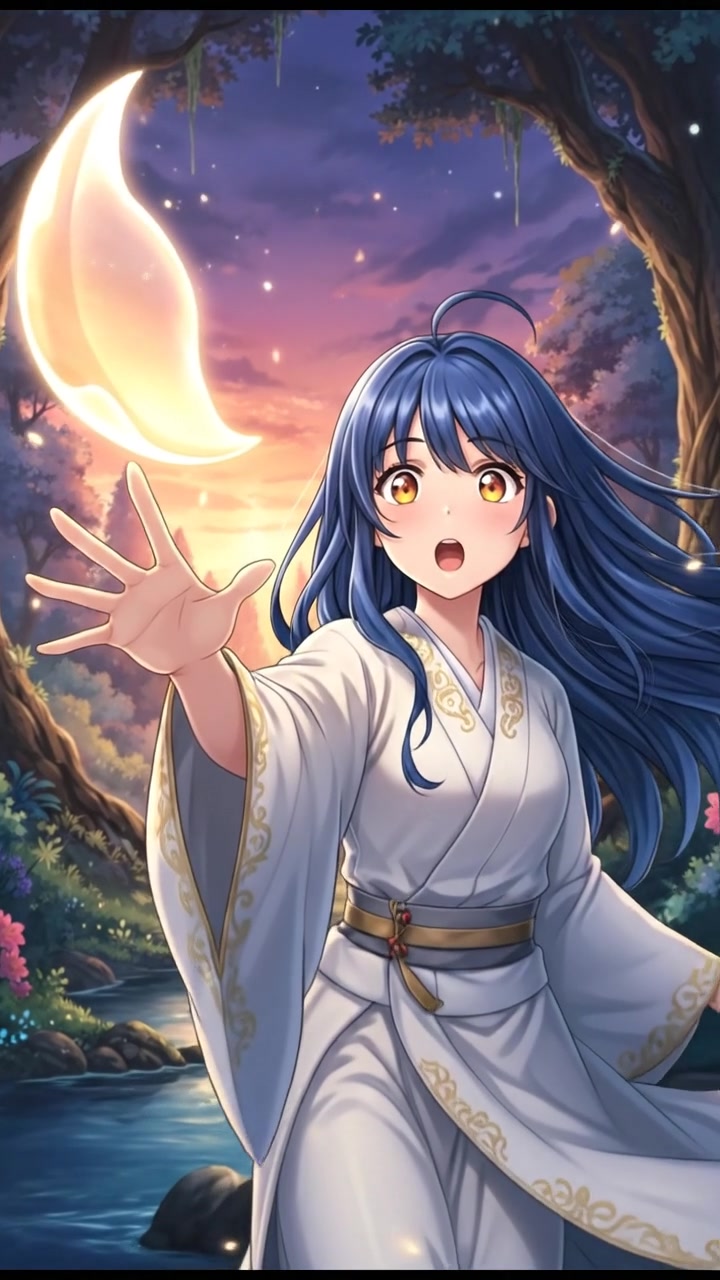 Akari extending her hand towards a glowing petal, eyes wide with surprise.