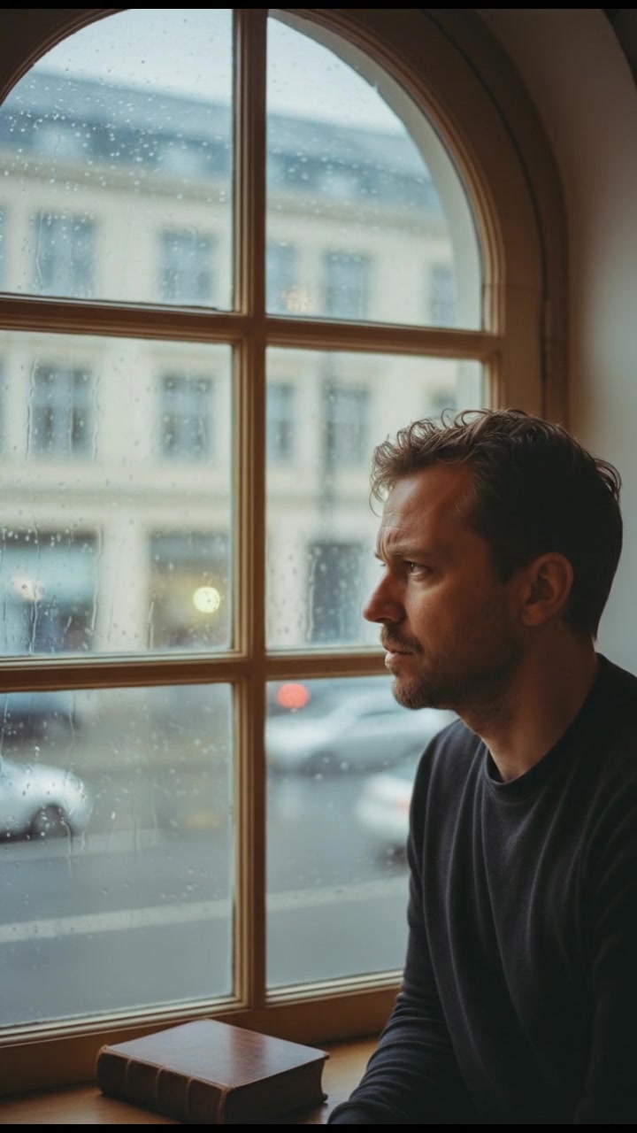 A thoughtful expression on Budi's face as he reflects while looking out of a window.