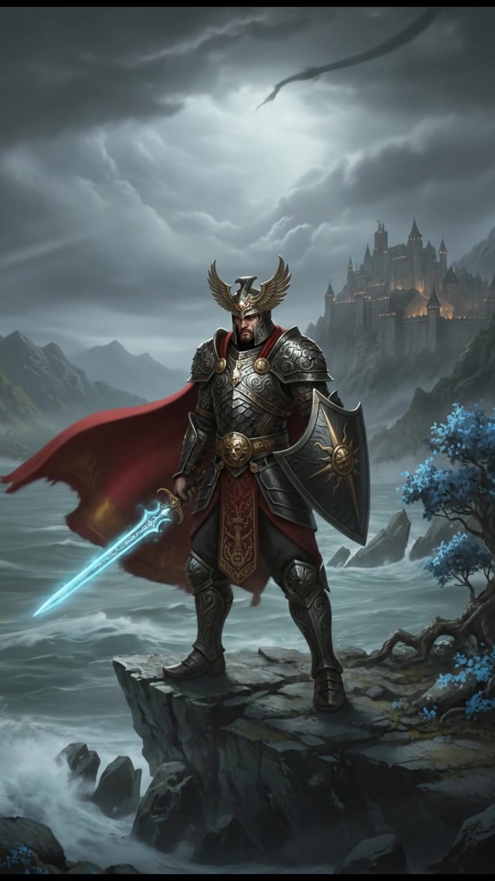 Gajah Mada stands on a rocky cliff overlooking a stormy sea, with dark clouds gathering above.