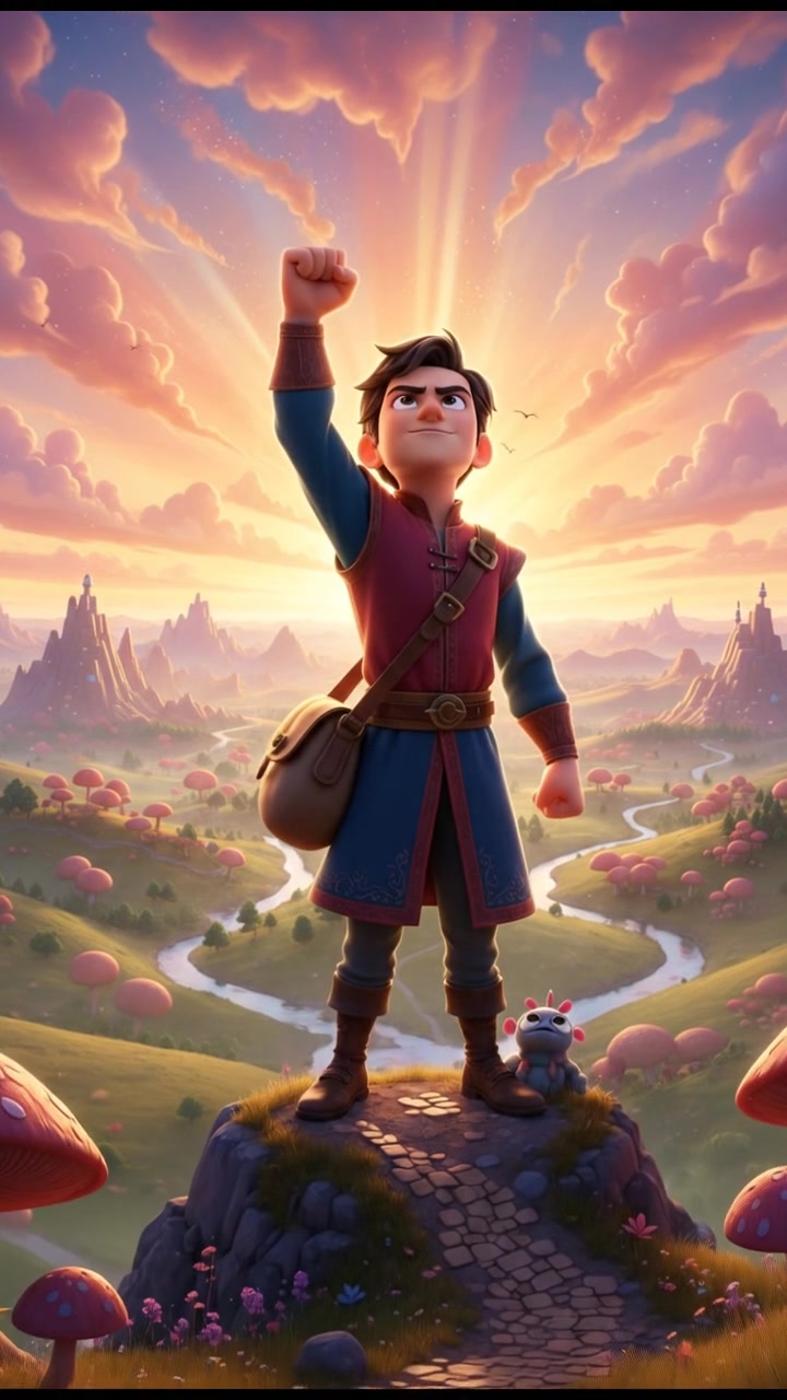 A young man, Penjajah, stands on a hilltop at dawn, raising his fist to the sky, surrounded by an expansive landscape.