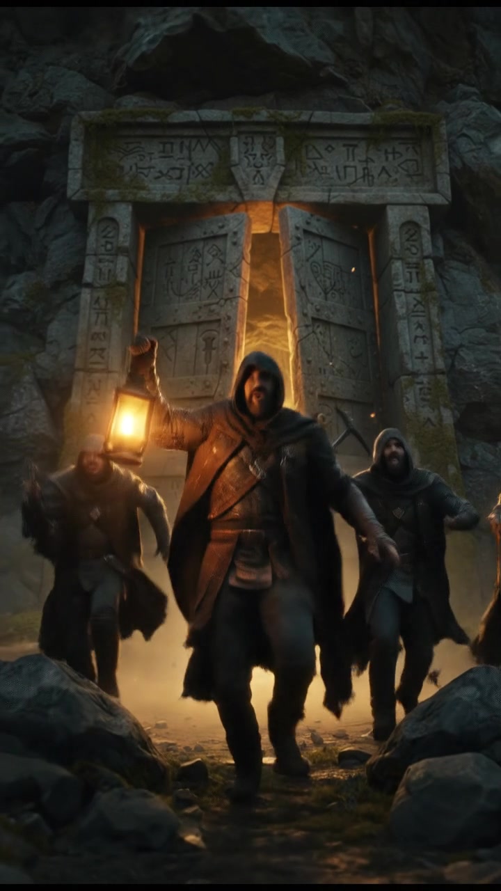 The door of the rock opens wide, revealing a hidden cavern, as the robbers excitedly enter.