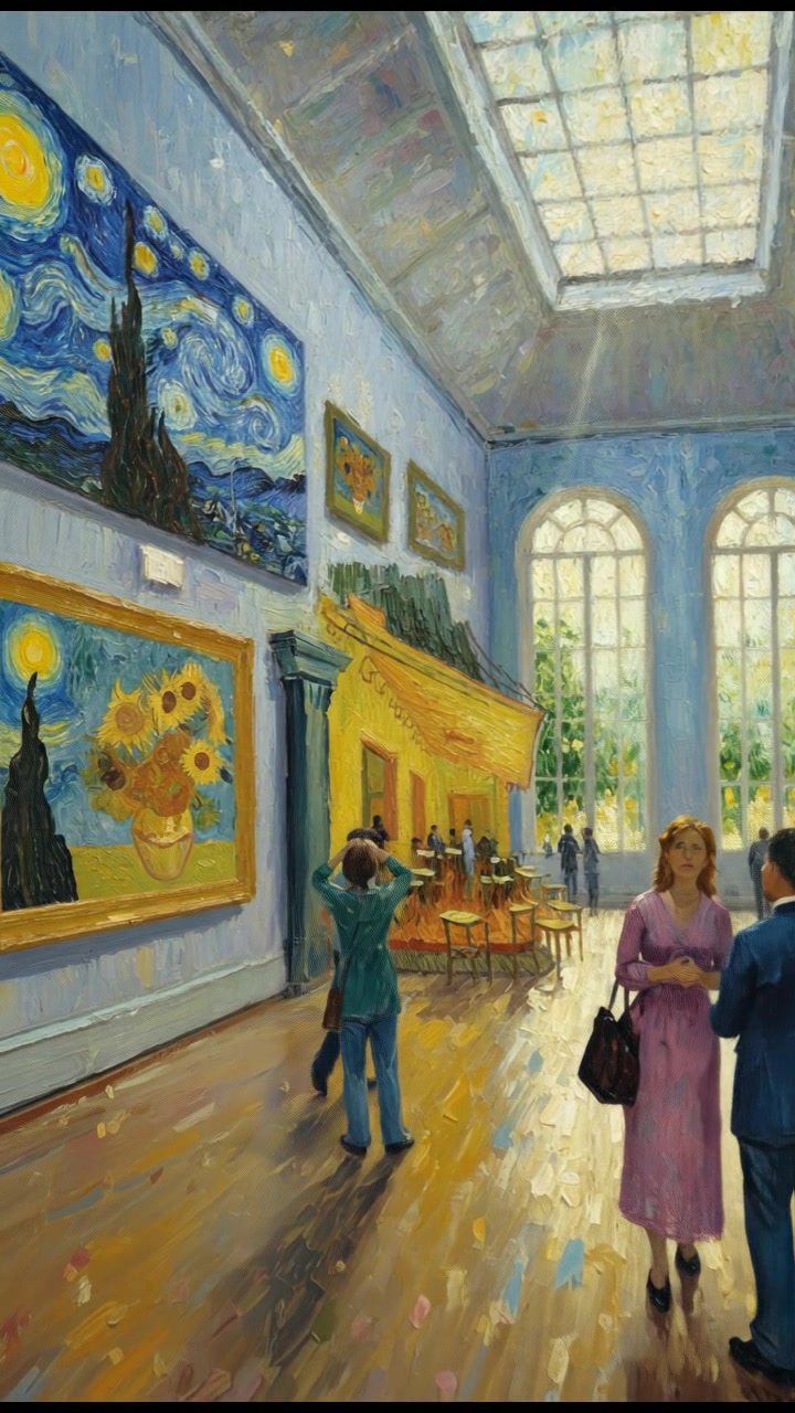 An art gallery showcasing Van's paintings and people admiring them.