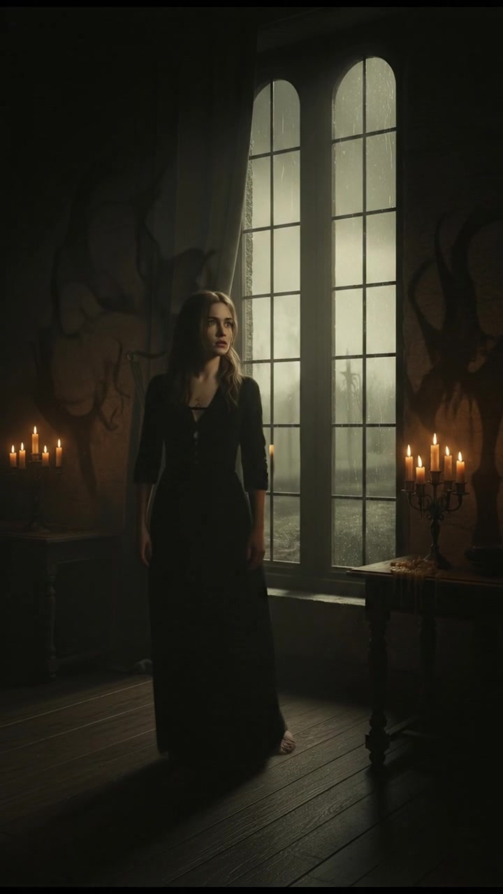 A worried Anna glancing out the window, shadows cast across the room.