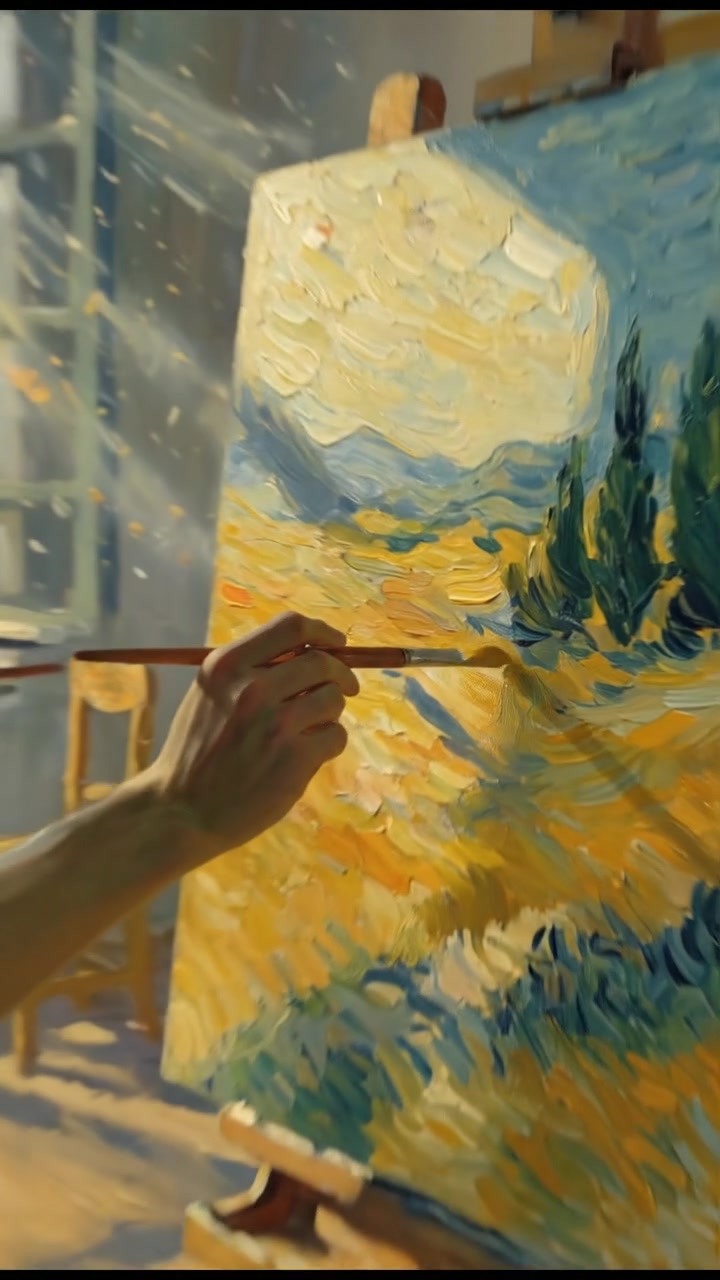 A close-up of Van Gogh's hand painting on a canvas in a sunlit room.