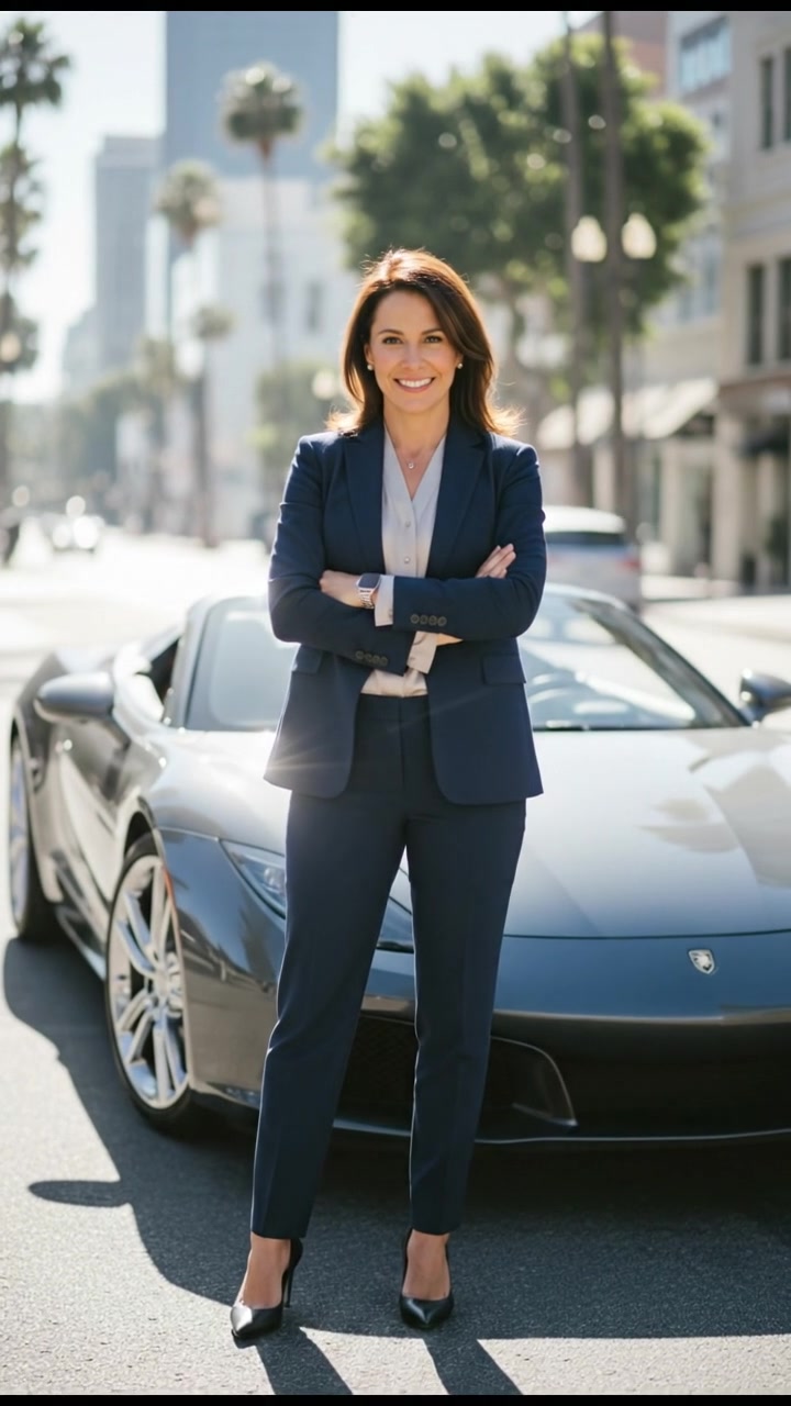 You, with a confident demeanor, standing in front of the parked car.