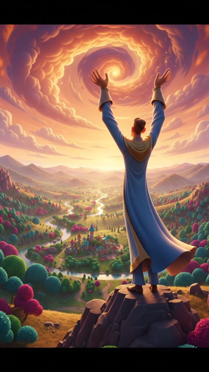 The Praying Figure standing on a hilltop, overlooking a beautiful valley, arms raised towards the sky.