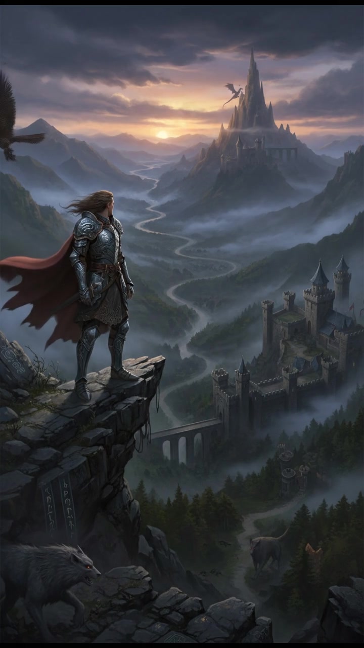 You standing at a mountain's edge, looking out over a vast valley, wind blowing.