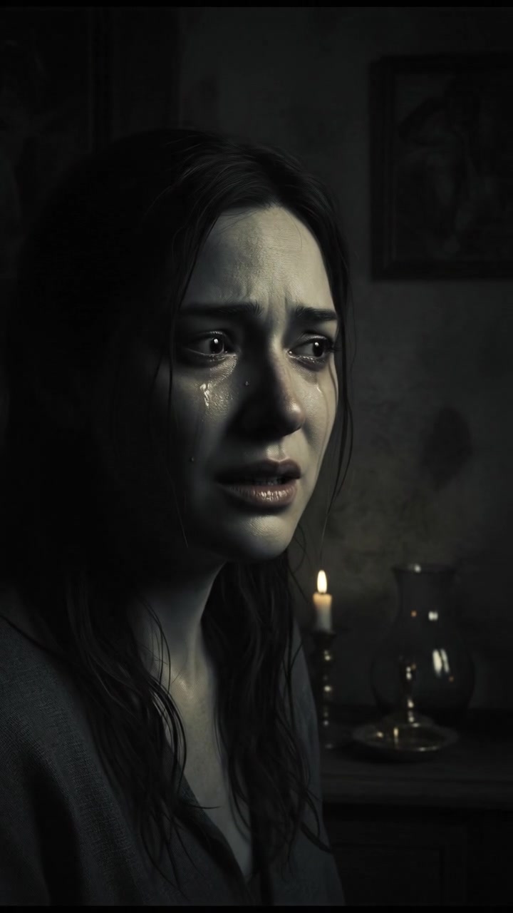 A close-up of Sarah’s face showing her distress as she hears mean comments.