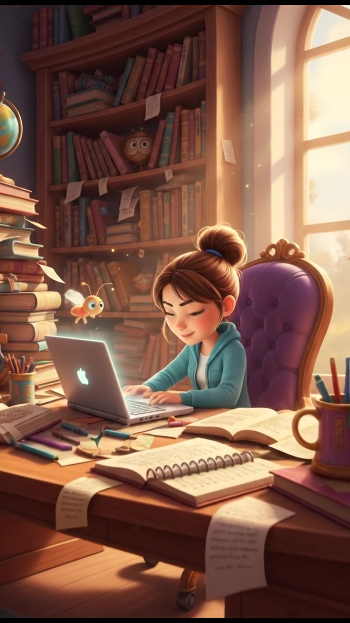 Simone sits at a desk piled with papers, typing intently on a laptop, surrounded by books and notes.