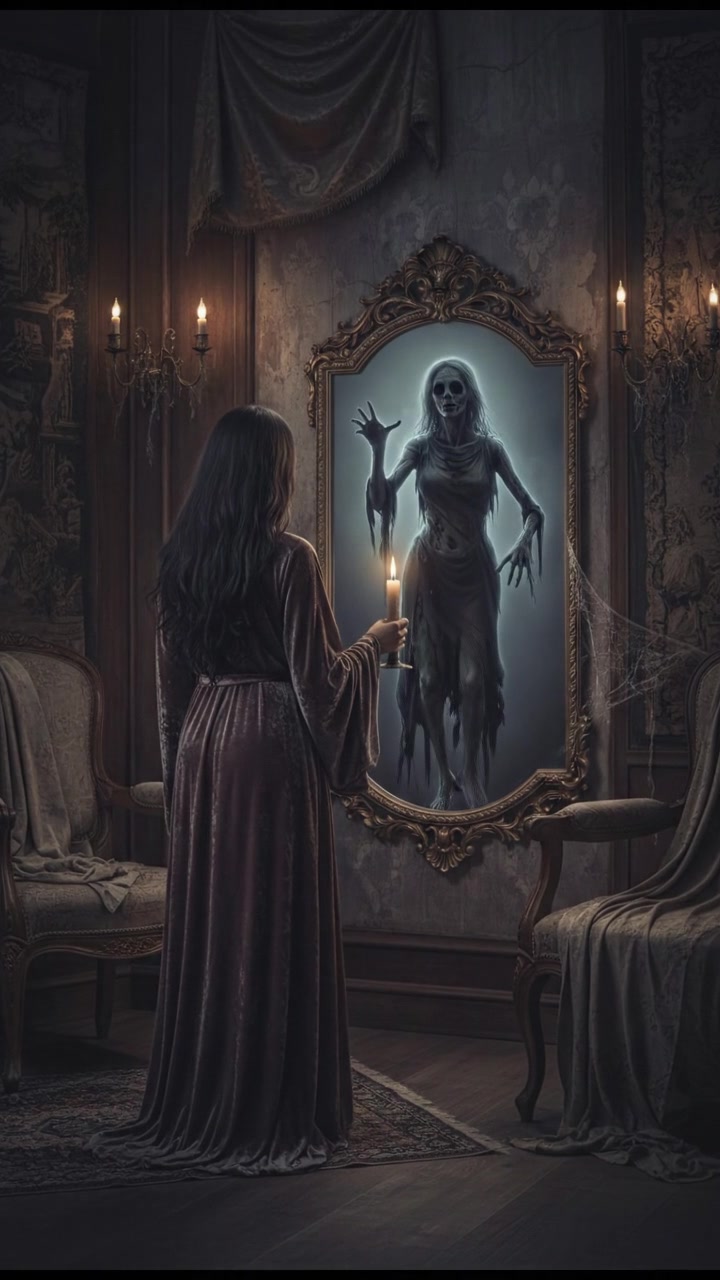 A mirror reflecting a ghostly figure of a decayed woman behind Arpita, who is oblivious.