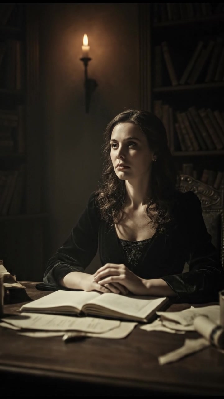 Sarah, sitting at a desk in a cozy room, surrounded by books and papers, contemplating.