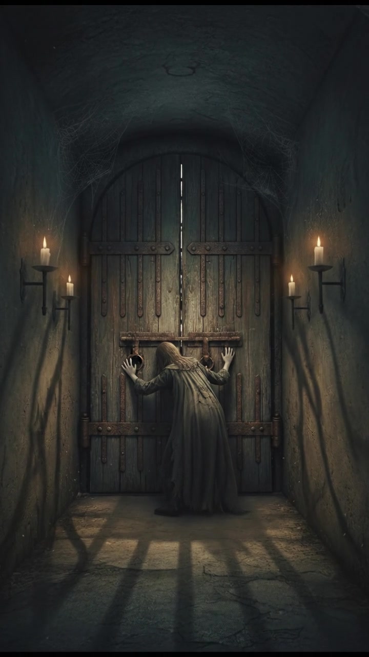 Protagonist at a closed door, trying to push against it in a dimly lit, narrow hallway.