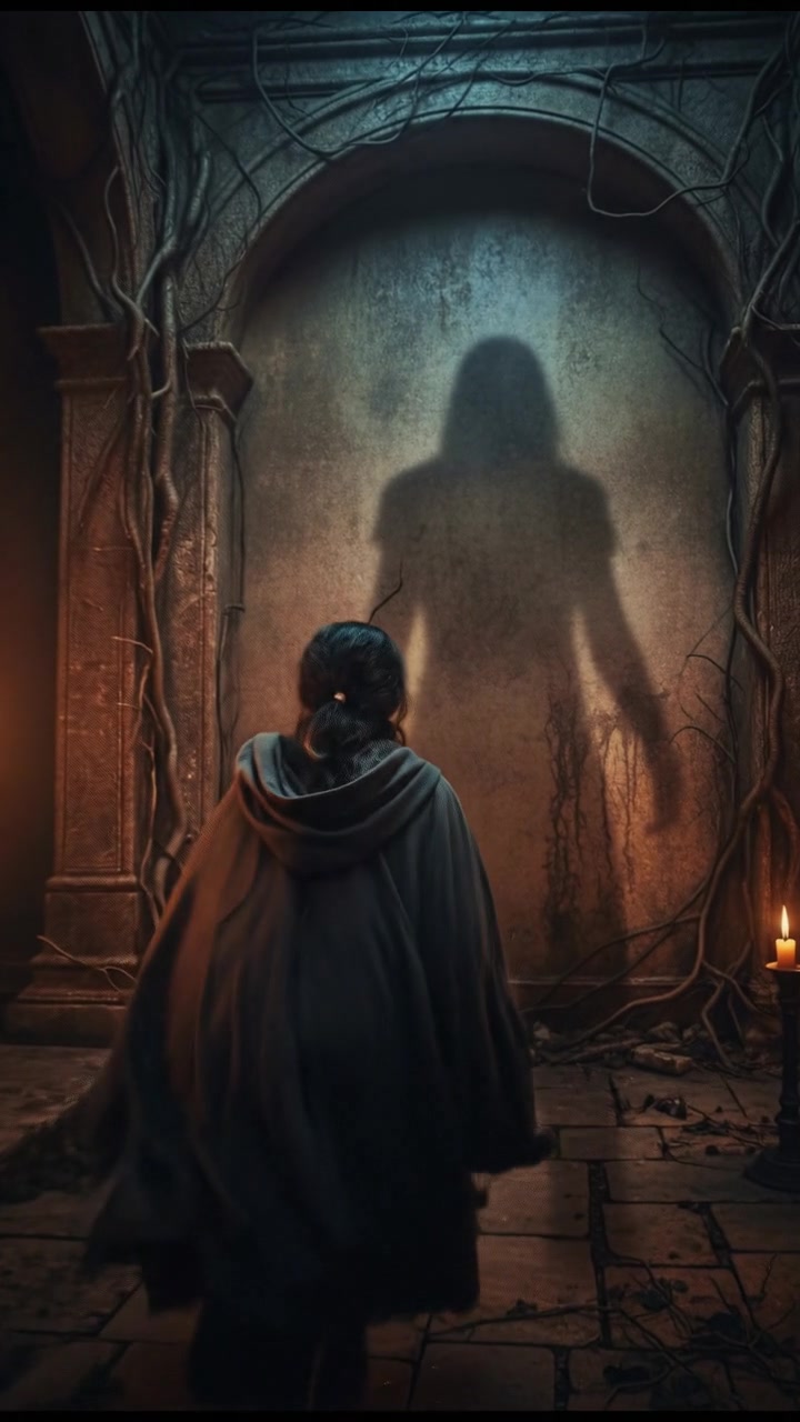 A frightened Riya glancing back as the shadow moves closer.