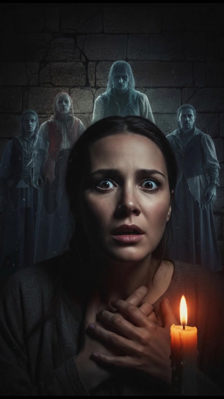 A close-up of Lena's face, showing shock and realization, as ghostly figures seem to appear behind her.