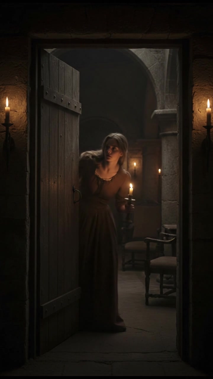 Sarah hesitantly peeking into a darkened doorway.