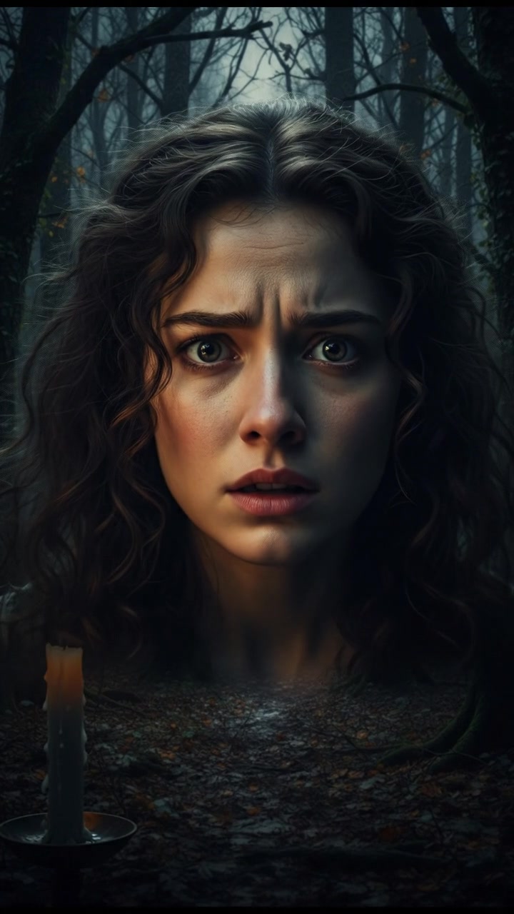 A close-up of Sarah, looking anxious as she gazes into the dark forest.