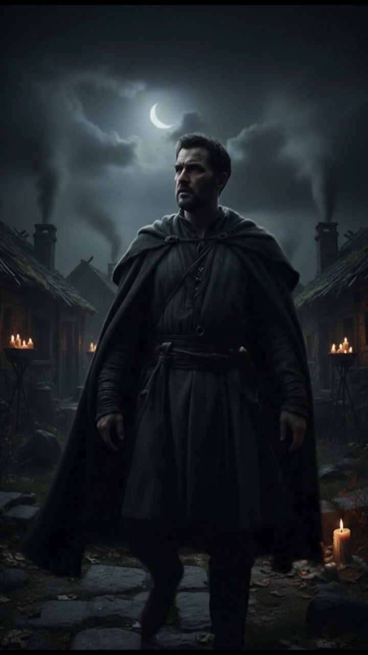 Vikram standing at the edge of the village, looking concerned under the moonlight.