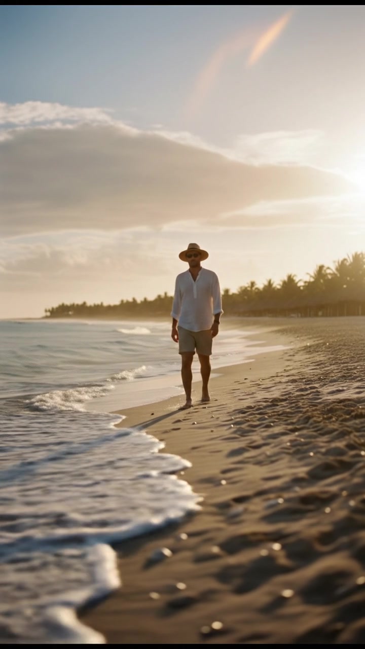A wide view of a sandy beach with a tall man in casual beachwear walking along the shore.