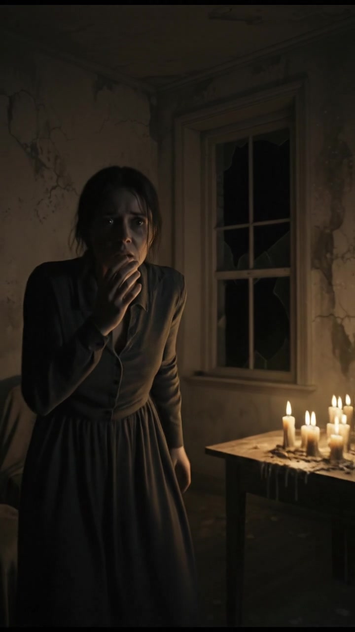 Martha standing in a dimly lit room, looking frightened and whispering, shadows cast on the walls.