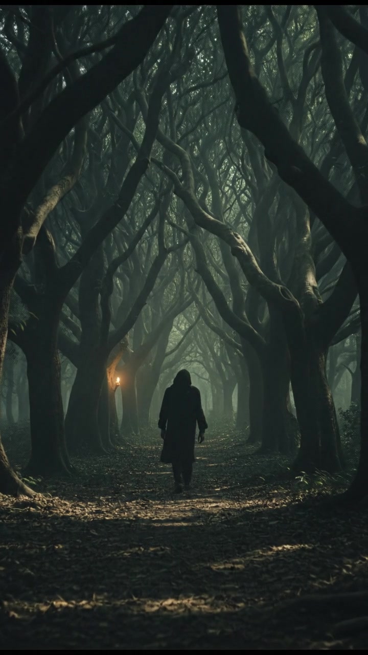 Raju wandering deeper into the forest, with tall trees enclosing him on all sides.