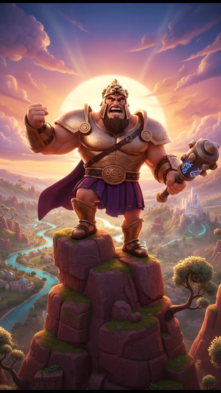 Goliath standing boldly on a rocky outcrop, shouting into the distance with a fierce expression.