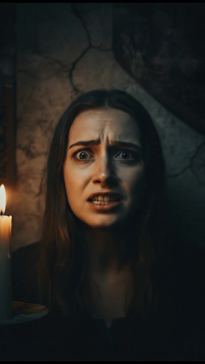 A close-up of Sarah's terrified face as she screams, her mouth wide open.