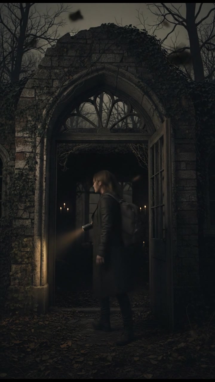 Sarah, standing at the entrance of the old house, holding a flashlight and looking determined.