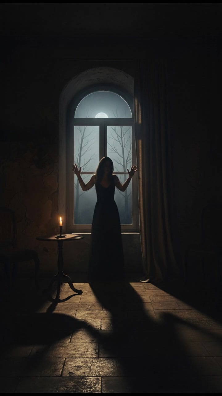 A dark room with Anna's silhouette appearing frightened against the window.
