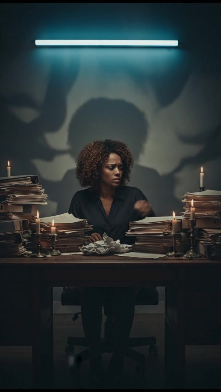 Pegawai Baru sitting at her desk, looking puzzled, surrounded by stacks of paperwork.