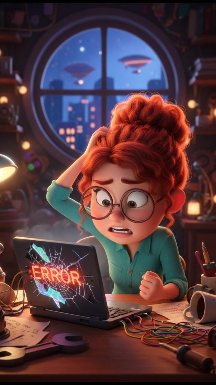 A close-up of Sarah sitting at a desk, looking frustrated at a broken laptop.