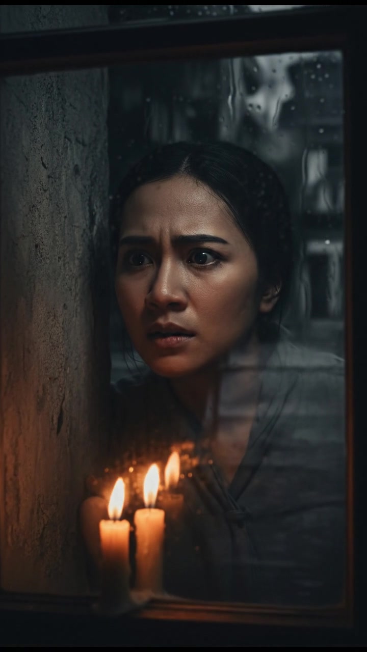 Close-up of Retno's face, looking anxious as she watches the empty street.