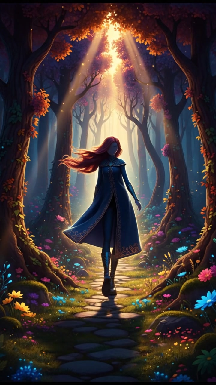 A shadowy image of The Woman walking through a dense, dark forest, determination in her stride.