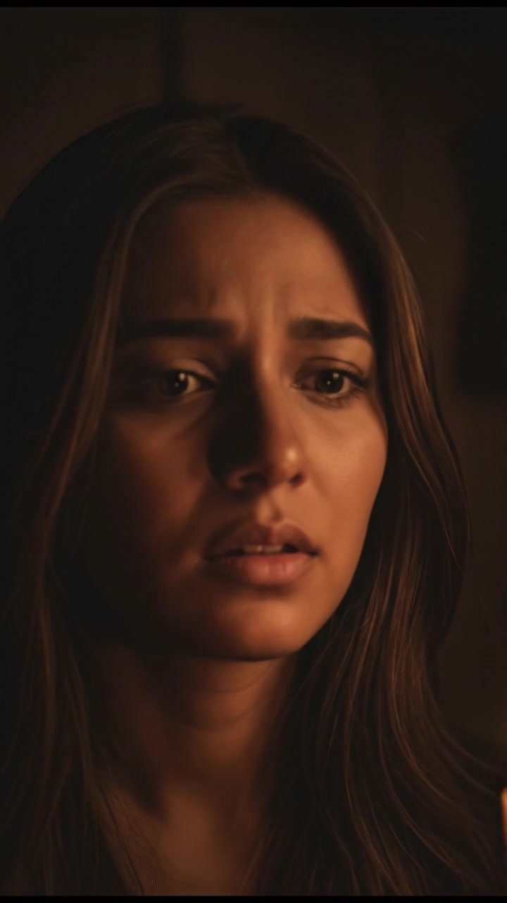 A close-up of Priya's worried face, illuminated by the light of a candle.