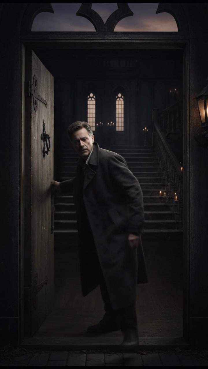 Mark pushing the creaky front door of the house open, revealing darkness inside.