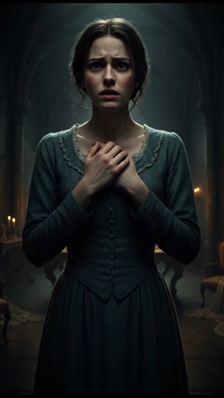 Anna, with a worried expression, stands in a dimly lit room, her hands clenched together.