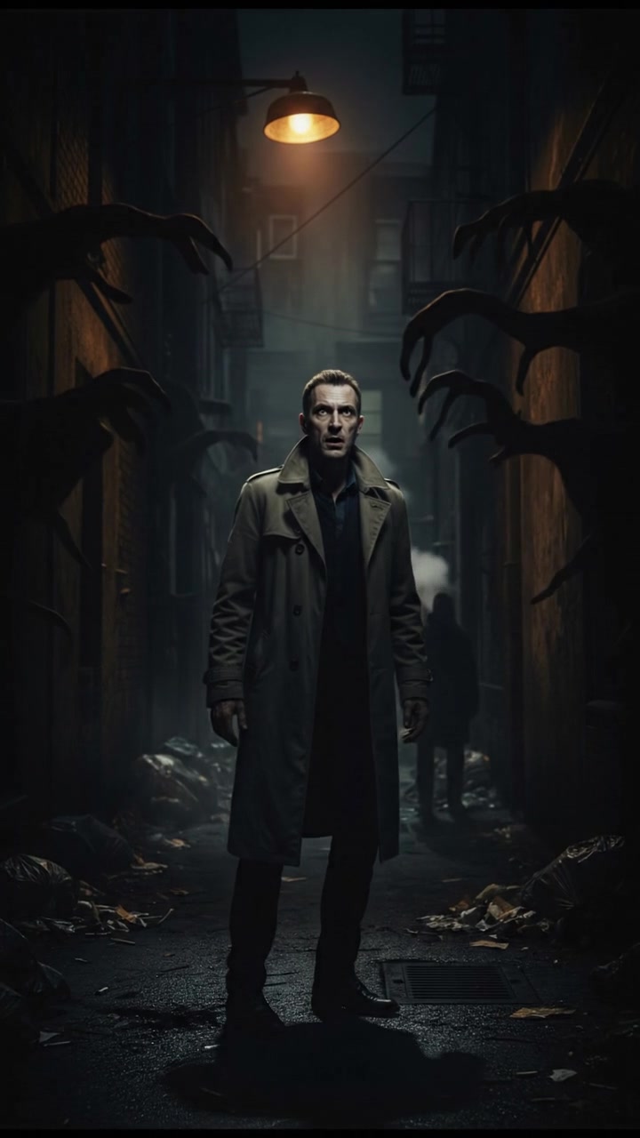 David standing in an alley, looking tense under a flickering streetlight, shadows looming around him.