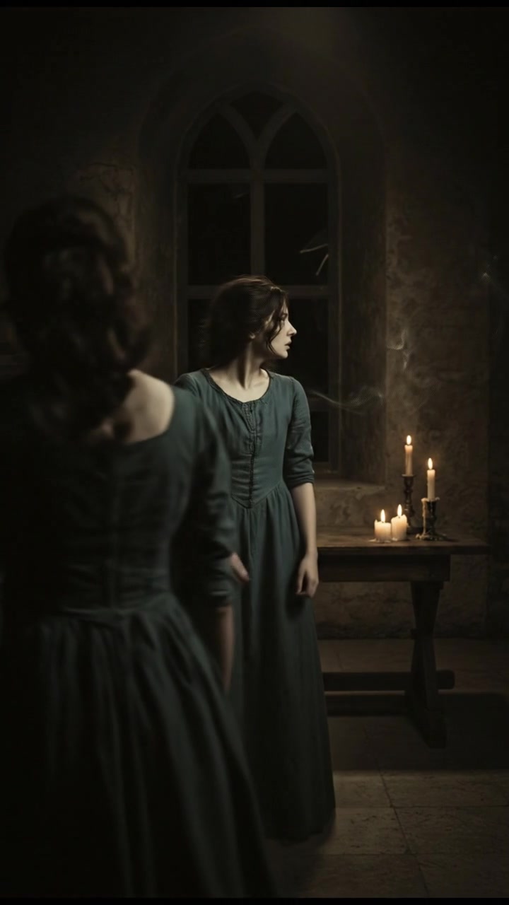 Anna stands in a dimly lit room, looking startled as a soft whisper echoes around her.