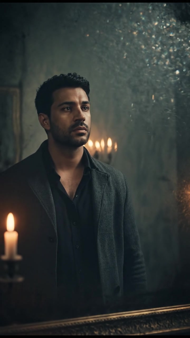 Ravi gazes into the mirror, his reflection is clear as the room starts to shimmer.