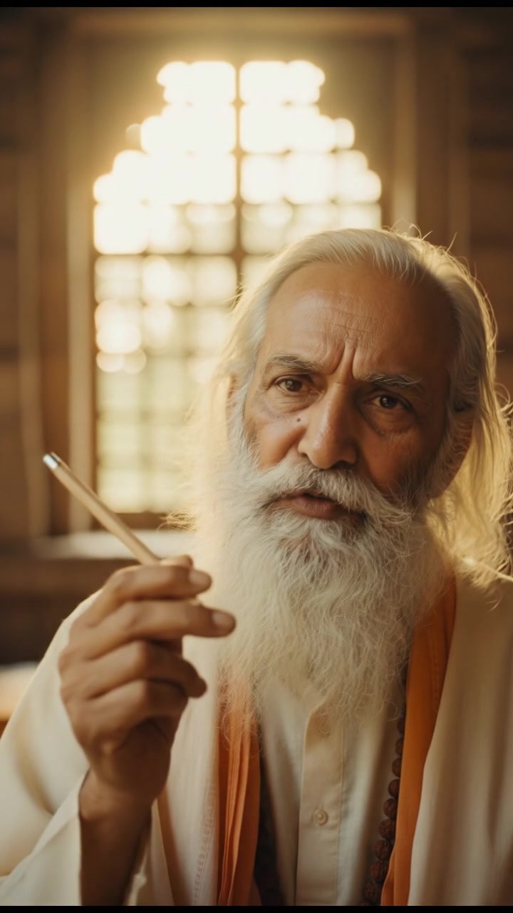 A close-up of Guru's face, speaking earnestly about the importance of the pencil.