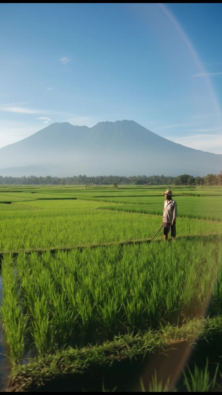 Petani stands in a lush green field, looking thoughtfully at a distant mountain under a clear blue sky.