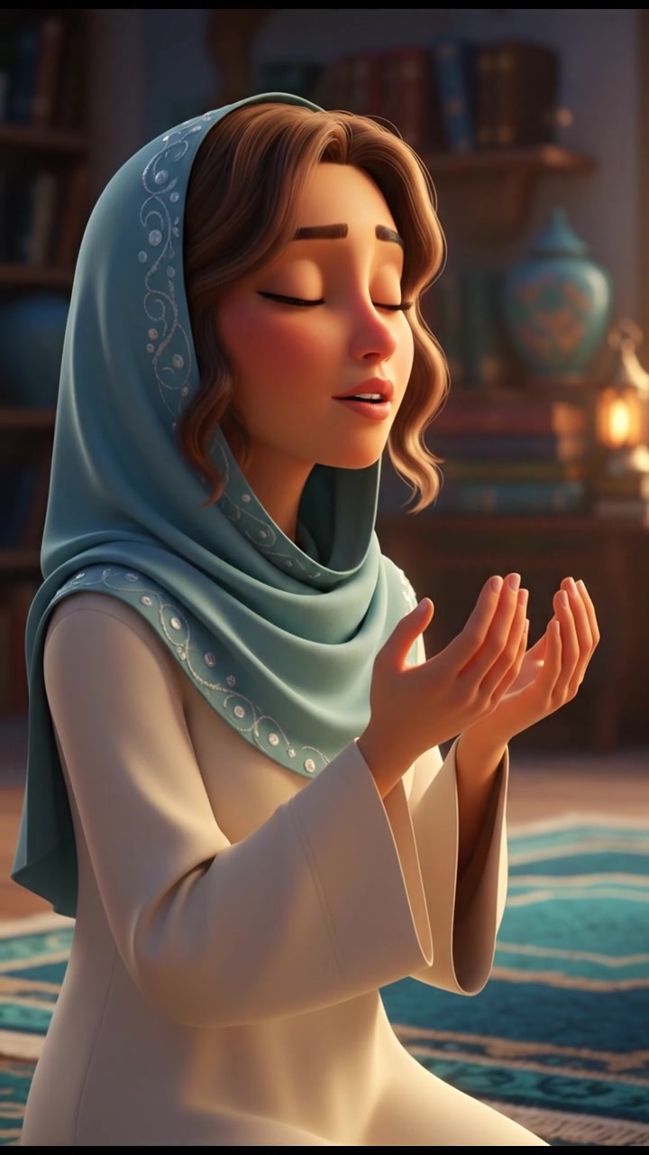 A close-up of the Young Muslim Woman's face, focused and serene, as she prays quietly.