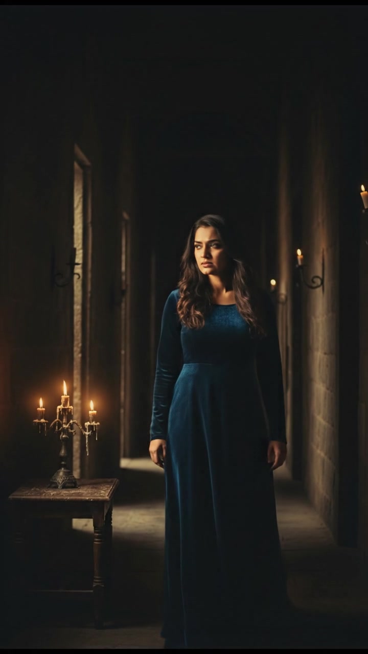 Anjali standing in her dimly lit hallway looking thoughtful and restless.