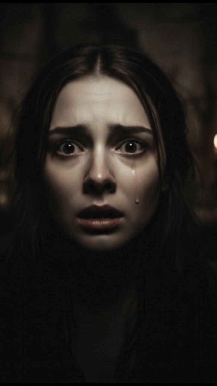 A close-up of Sarah's frightened face with the background blurred.