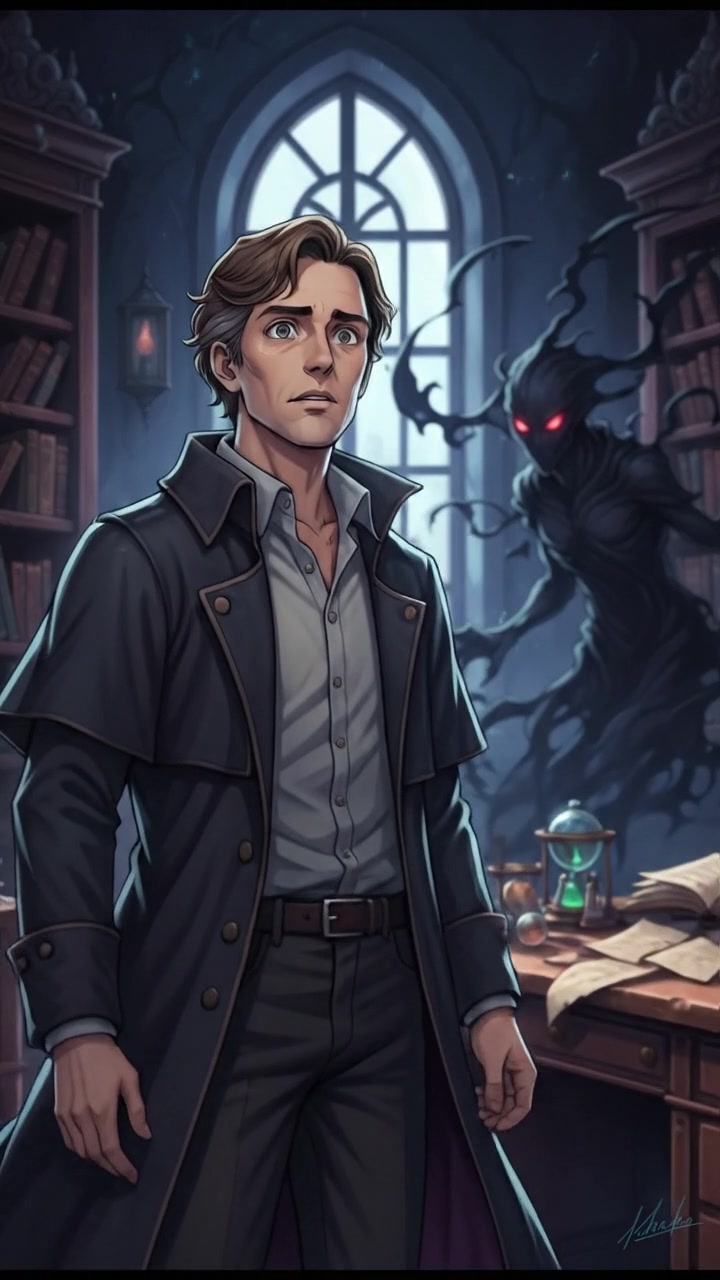 Faust standing alone in a dimly lit room, gazing at a shadowy figure in the corner.